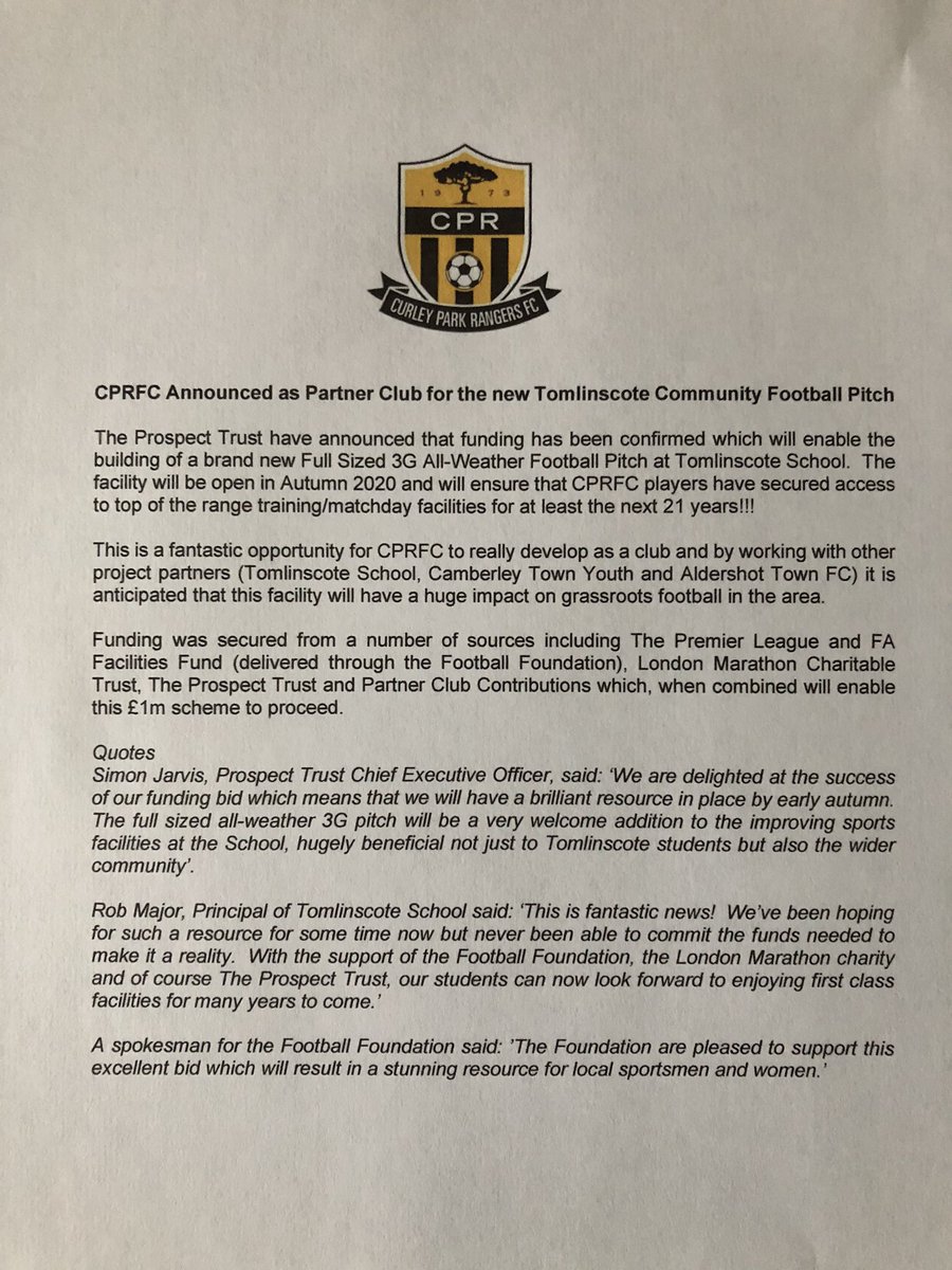 CPRFC are very pleased to support this new facility. It’s fantastic news for grassroots football in Surrey Heath. Thank you to the Prospect Trust for driving this to a successful conclusion.
