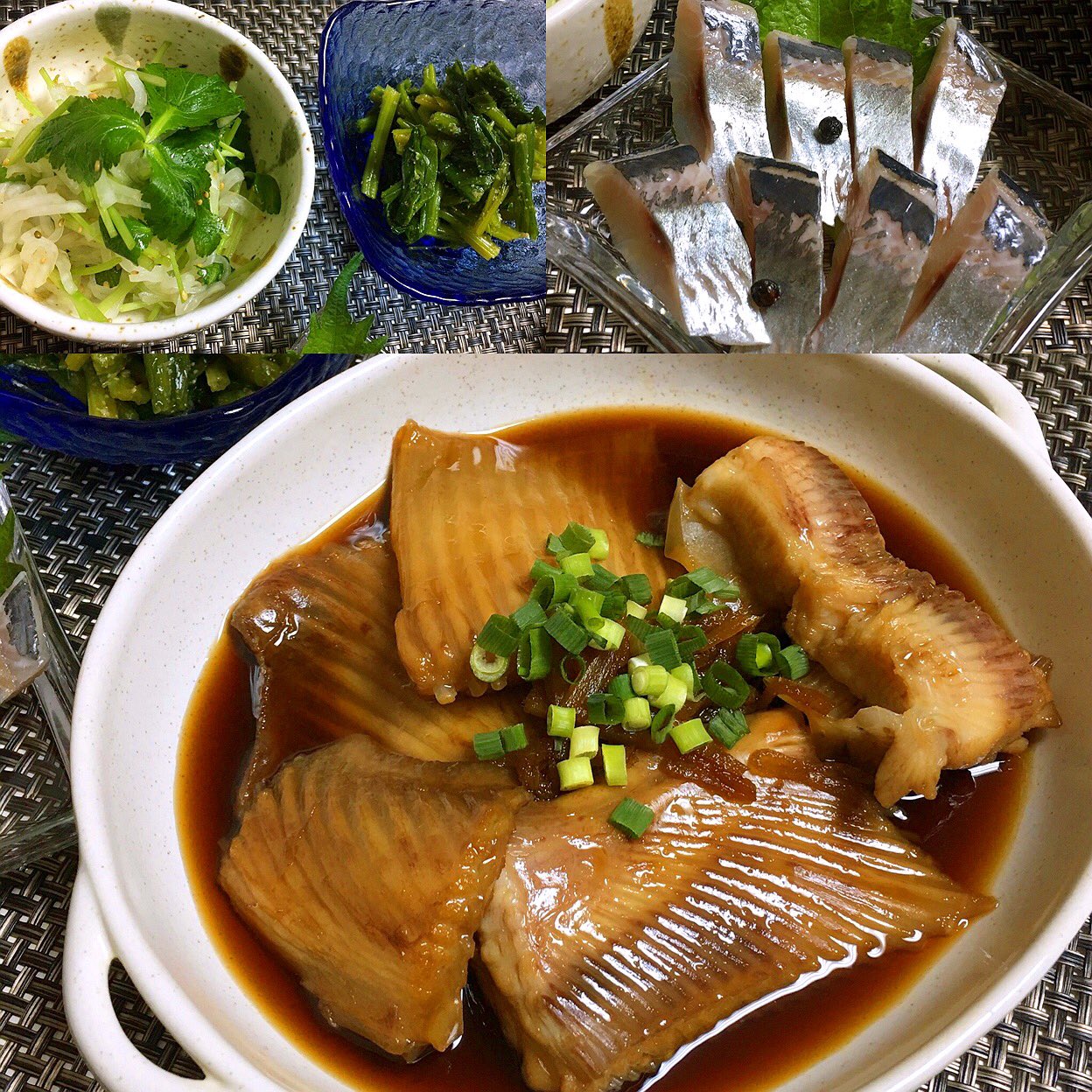 いなばまこと 今日の 晩酌 カスベの煮付け ニシンの塩漬け 三つ葉と大根のナムル ほうれん草の胡麻和え 北海道らしい魚のメニュー カスベを煮詰めたら ちょっと味が濃かったね まぁ旬だから また作ろう カスベ ニシン 煮付け うちごはん