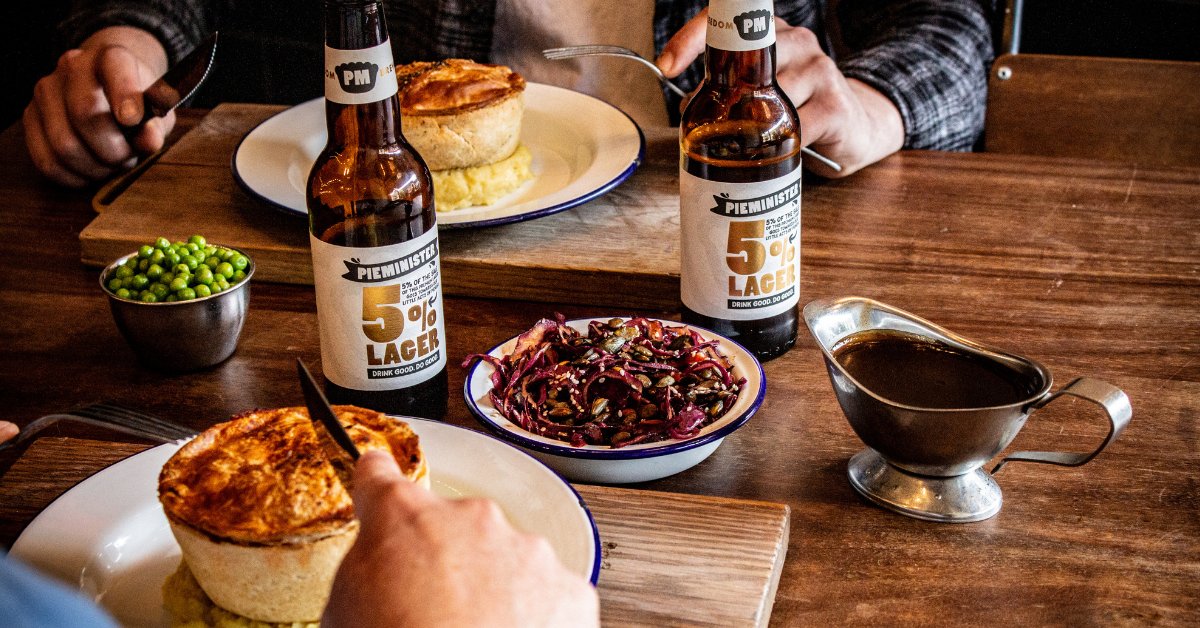 pieminister's tweet photo. Don't worry, beer happy 🍻 5% of the sales from our 5% PM lager goes to good causes, pretty cool huh? 🙌 https://t.co/cTOyZe7kHD #coolstorybrew #lager #dogood #beer #littleactsofpieness https://t.co/4rUTRD2Z01