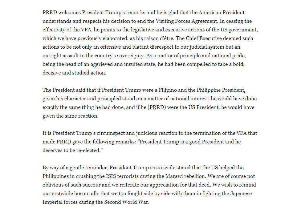 PTVph's tweet photo. READ: Presidential Spokesperson on the statement of US President Trump on the termination of the VFA https://t.co/BNIijrigbB