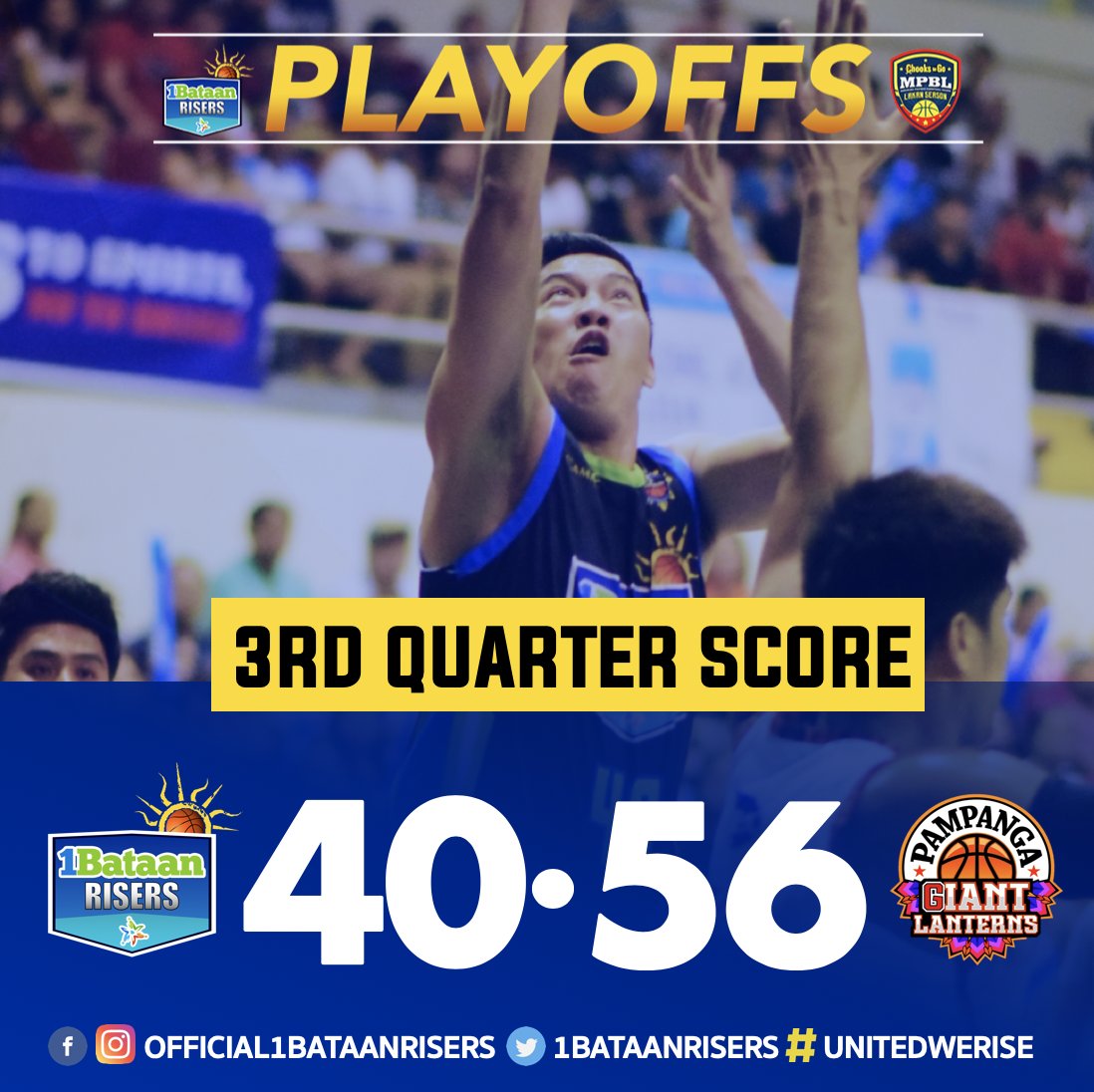 FIRST QUARTER SCORE UPDATE: 40-56 for Pampanga
Let's GET IT Bataan!!! 🔥
#1BATAANRISERS #UnitedWeRise #CamayaCoast #MPBLPlayoffs #NorthDivision #MPBL #LakanSeason3 #LigaNgBawatPilipino