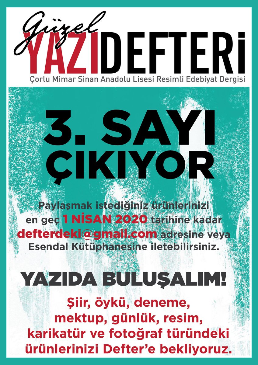 Haydi liseli! 
Kalem ele küsmesin.

#güzelyazıdefteri
#edebiyatdergisi
#ÇorluSanatBahçesi 
#ÇorluMsal