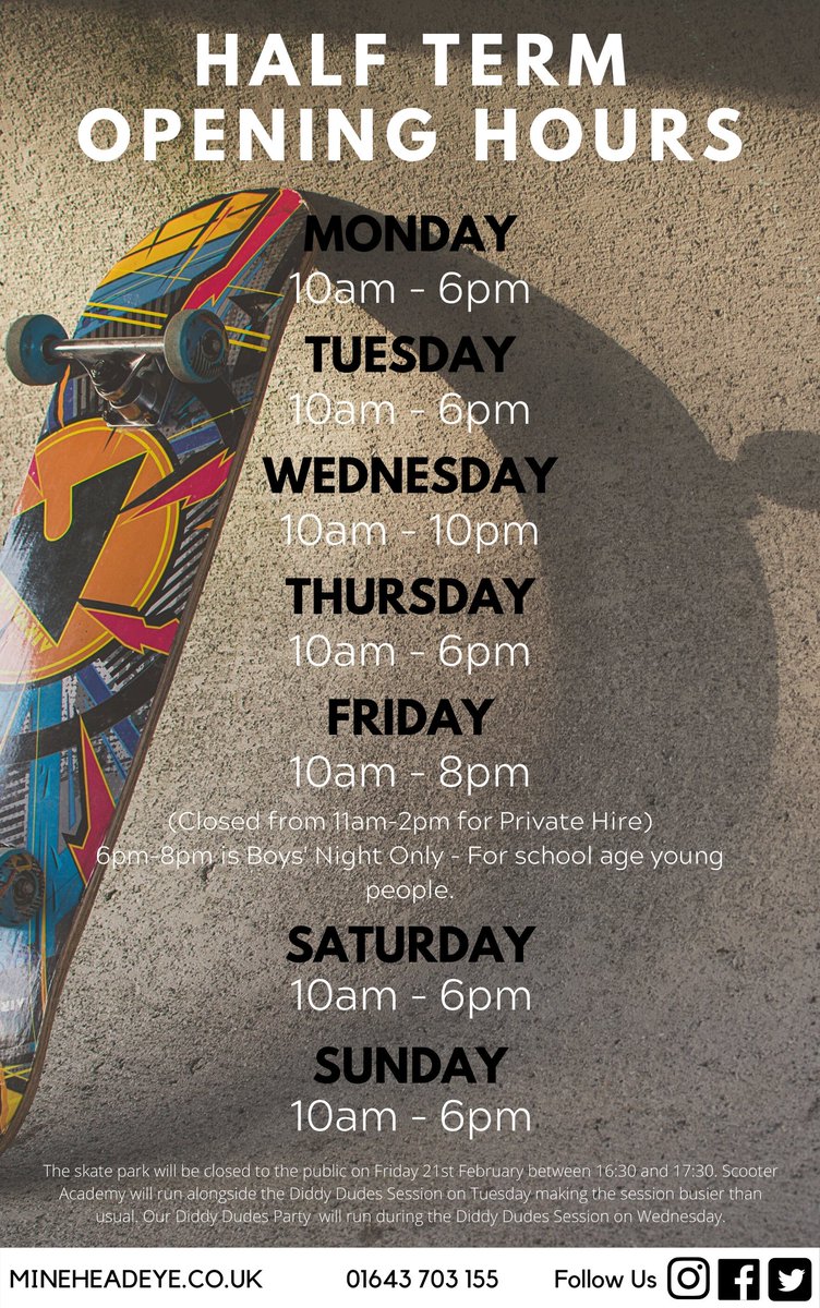 Have a look at our Half Term opening hours. #skatepark #skate #scooter #minehead #halfterm