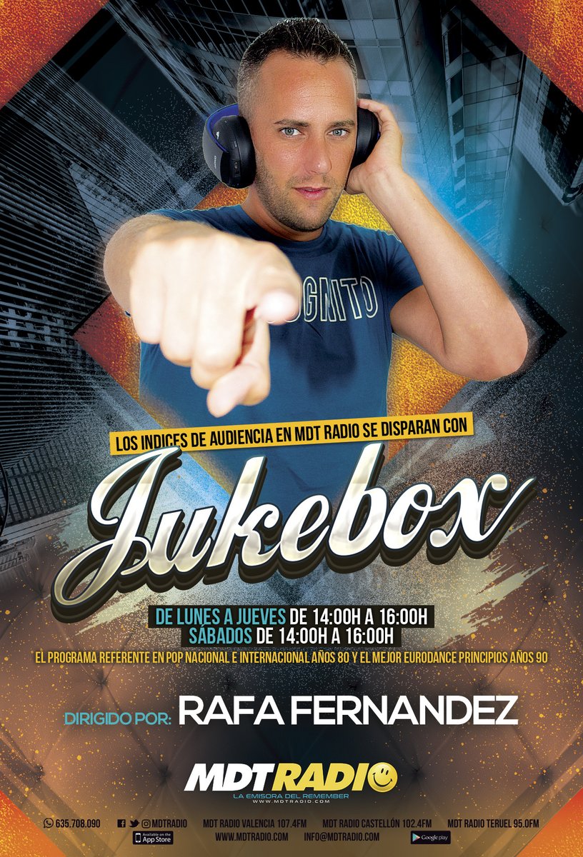 mdtradio's tweet photo. Cuando se trata de rescatar tus mejores temas del Pop Nacional e Internacional de los 80 y el mejor Eurodance de principios de los 90… ¡Rafa Fernández es tu conductor en el tiempo! Comienza Juke Box en MDT Radio, déjate llevar… https://t.co/VwINujTXF2 https://t.co/Qc7vfiQuQR