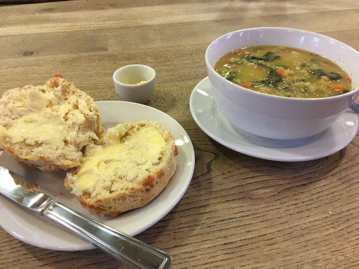 Soup of the day is lentil and spinach with chilli/garlic, coupled with a freshly-baked cheese scone - it’s a winner as a respite from Storm Dennis, which is making its presence felt in #Teesdale #NorthPenninesAONB @NorthPennAONB <a href="/ThisisDurham/">This is Durham</a>