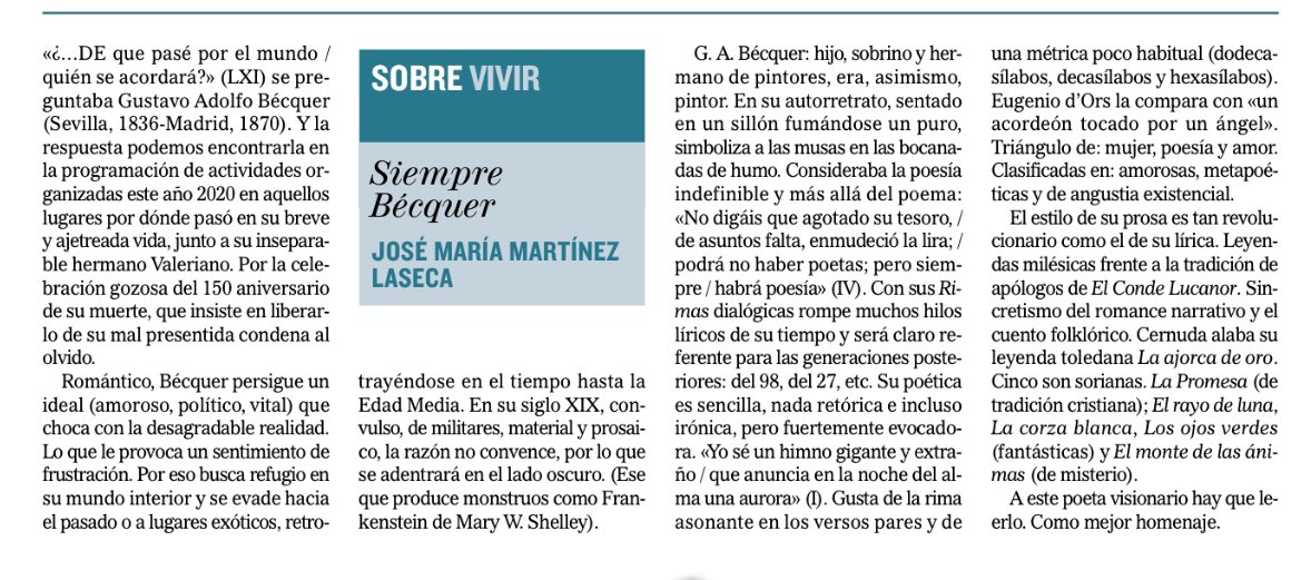 iesmachado's tweet image. El mejor homenaje a Bécquer en este 150 aniversario es leerlo, nos dice el gran #JMML en  @diariodesoria #Bécquer150años