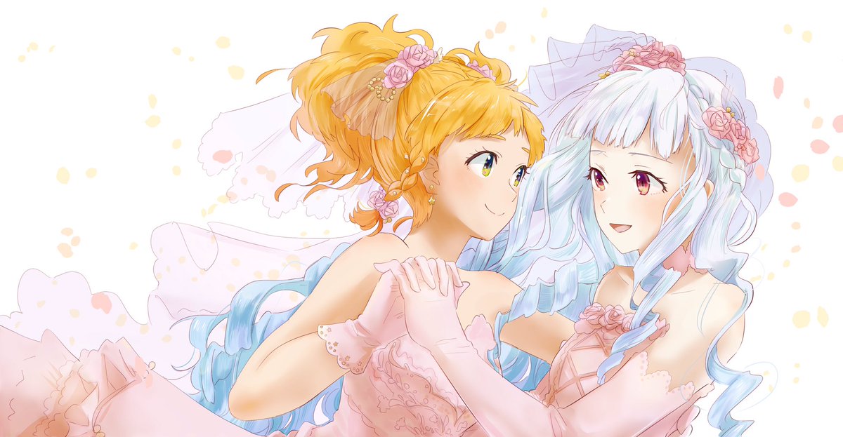 multiple girls 2girls dress gloves yuri holding hands smile  illustration images