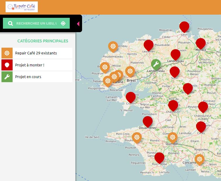 #RepairCaféLanderneau un projet qui progresse !
Première réunion Lundi 17 Février 18h30 à la Maison Pour Tous de Landerneau.   Inscriptions ici form.jotform.com/200412109022030
orange: RC existants vert, création en cours, rouge: rc à créer
