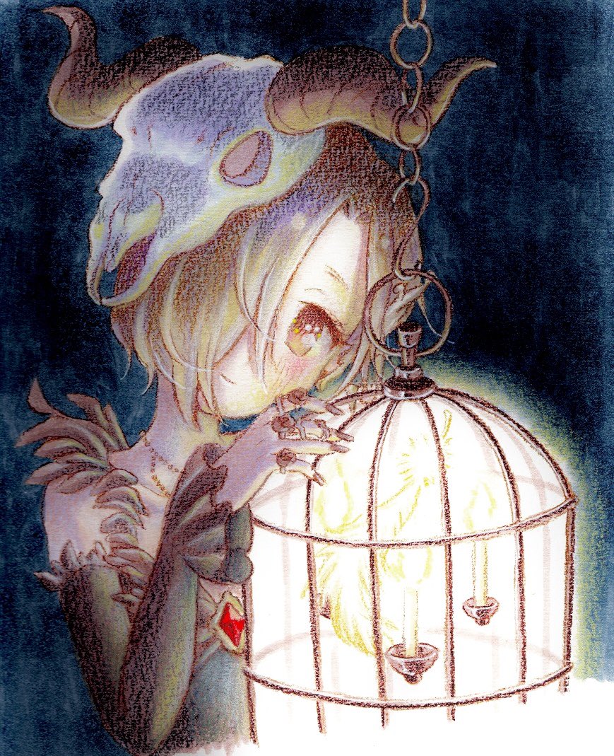 shirasaka koume 1girl solo skull hair over one eye blonde hair birdcage cage  illustration images