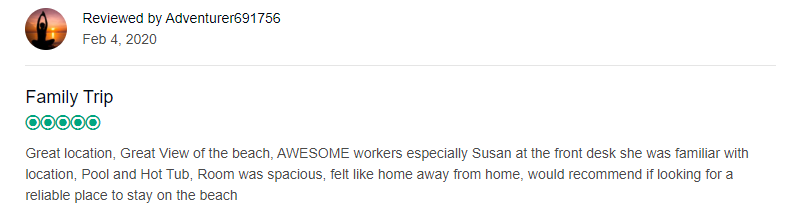 What a great review on TripAdvisor!  Shout out to Susan for making this guest's stay memorable!  #stellarservice #outdoorpool #homeawayfromhome

go.flip.to/BWPGrandStrand