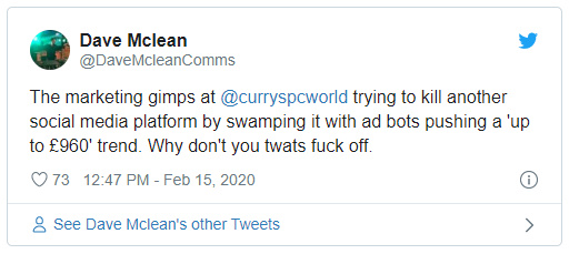 olesosocial's tweet photo. @curryspcworld using bots to get "Up to £960" trending😂
Never a good idea - have we not learnt?
Championing #RealSocial since Jan 2019. https://t.co/9EpqcBY8jb