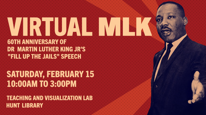 NCState's tweet photo. TODAY: Experience Dr. Martin Luther King Jr.'s "Fill Up the Jails" speech in virtual reality at Hunt Library's 270-degree visualization space. The event is co-sponsored by @NCStateCHASS, @NCStateDesign and @NCSULibraries. Details: https://t.co/4nmrXZfToG #NCStateBHM https://t.co/JvY1xw0l1I