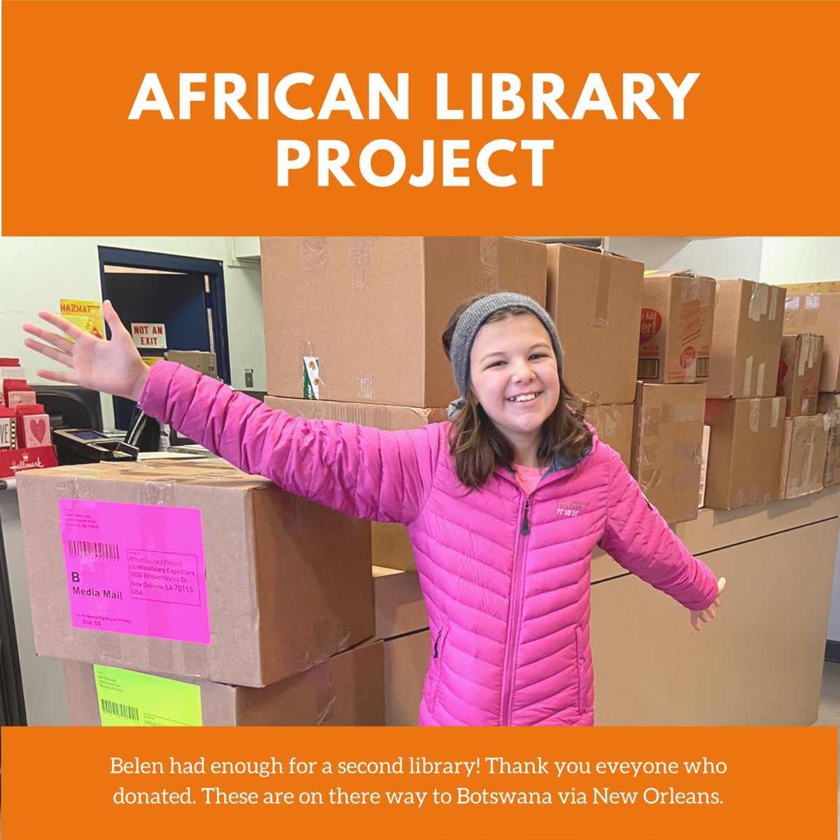 Belen’s Birthday Wish Came True in Spades. Her friends and loved ones donated 2,500 books for the @africanlibraryproject. Enough for two libraries! They are now on there way to New Orleans where they will be combined with other donations heading to Botswana.