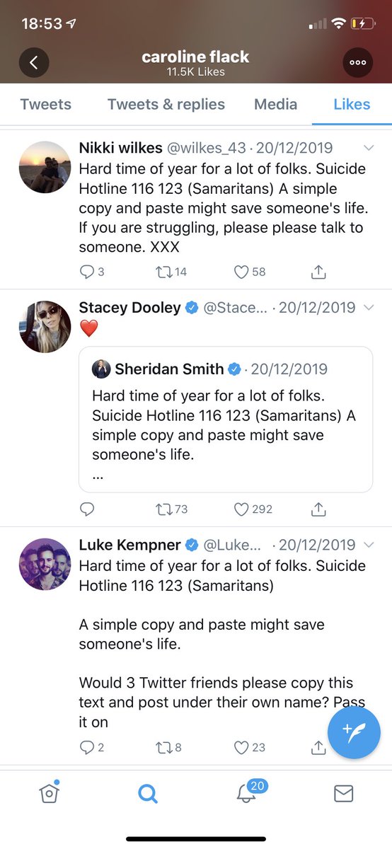 KellieHowdle's tweet photo. @Charlottegshore She liked 3 suicide posts on 20/12/19.. alarm bells should have been going then.. 💔 R.I.P @carolineflack1 https://t.co/13GNY20v7B