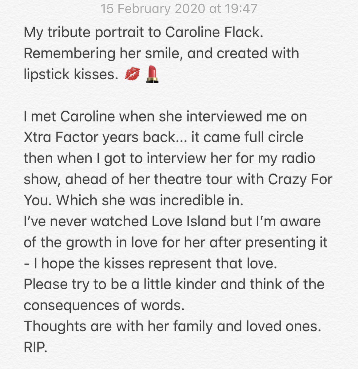 NathanWyburnArt's tweet image. My tribute portrait to #CarolineFlack
Remembering her smile, and created with lipstick kisses. 💋💄 
Please try to be a little kinder and think of the consequences of words. 
Thoughts are with her family and loved ones. RIP Caroline.