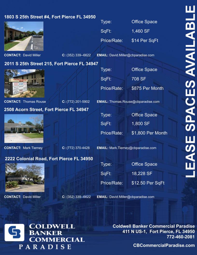 It's Lease Saturday Again!!
Check out these leases in the Space and Treasure Coast!
#ForLease #LeaseSpace #Retail #Commercial #Medical #Office #Land #FortPierce #PortStLucie #VeroBeach #Sebastian #TreasureCoast #CREDeals #ColdwellbankerCommercial #Florida #CRE