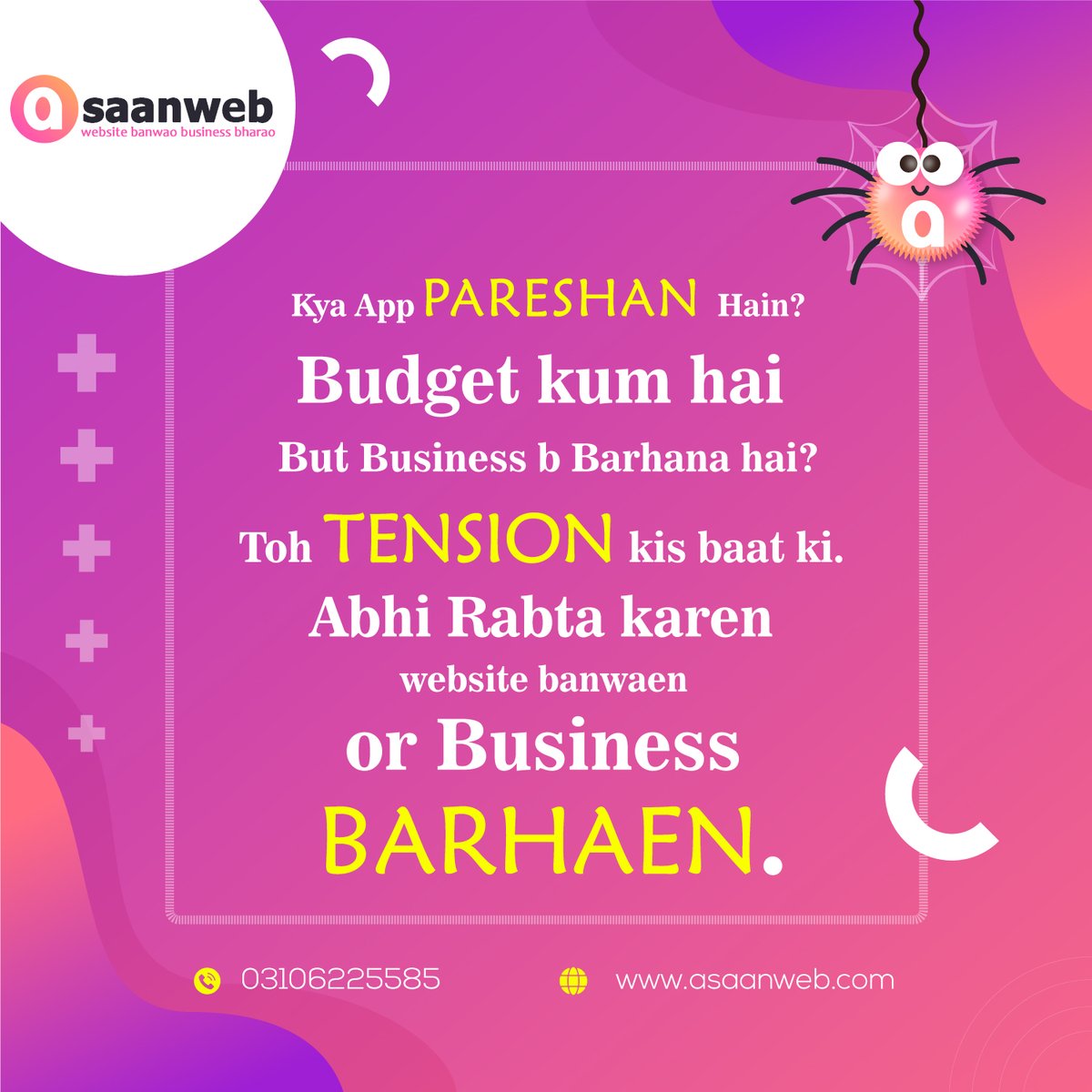 AsaanWeb's tweet image. Kya app pareeshan hain?🤔Budget kum hai but business b barhana hai?😔
Toh tension kis baat ki.🤩 Abhi rabta karen website banwaen or business barhaen.🖥🕸💟
Abhi dial karen 📲 03106225585
Visit karen Website 🖥 asaanweb.com
#asaanweb #affordablewebsitedevelopment