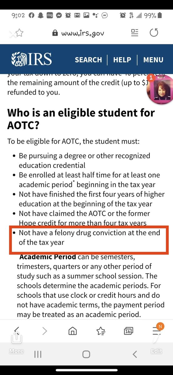 A question on a form and explanation from my accountant showed me the #WarOnDrugs is still being waged against college students. There’s no war on domestic violence, no war on weapons violations, no war on sexual assault. Just drugs. 🤔 AOTC is American Opportunity Tax Credit
