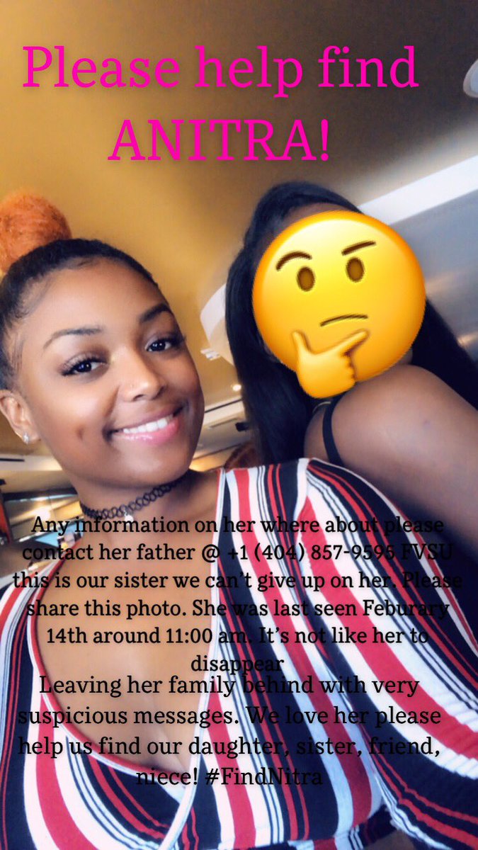 Its_Indidaa's tweet photo. Our dear friend is missing. This is very hard to stomach something like this happening to anyone. We must work together to bring her home. If anyone knows anything please contact her father @+1 (404) 857-9595 or dm Me! #FVSU #FindAnitra!
SHARE!
Please Lord bring our girl home https://t.co/PyIn4FgmpZ