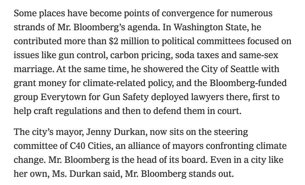 But there are also areas where Bloomberg's philanthropic and political giving overlap, turning cities or states into focal points for concentrated spending. https://www.nytimes.com/interactive/2020/02/15/us/politics/michael-bloomberg-spending.html