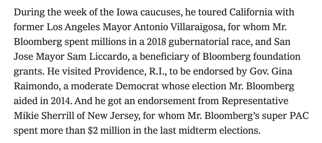 Most recipients of Bloomberg's political and charitable donations have not endorsed his campaign. But a good number of them have, and their support has helped make Bloomberg a major national force while other candidates have been tied up in Iowa and NH.