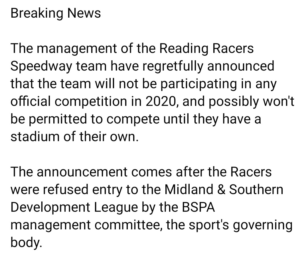 Reading Racers 2020 announcement. 😪😞 readingracers.co.uk for further details