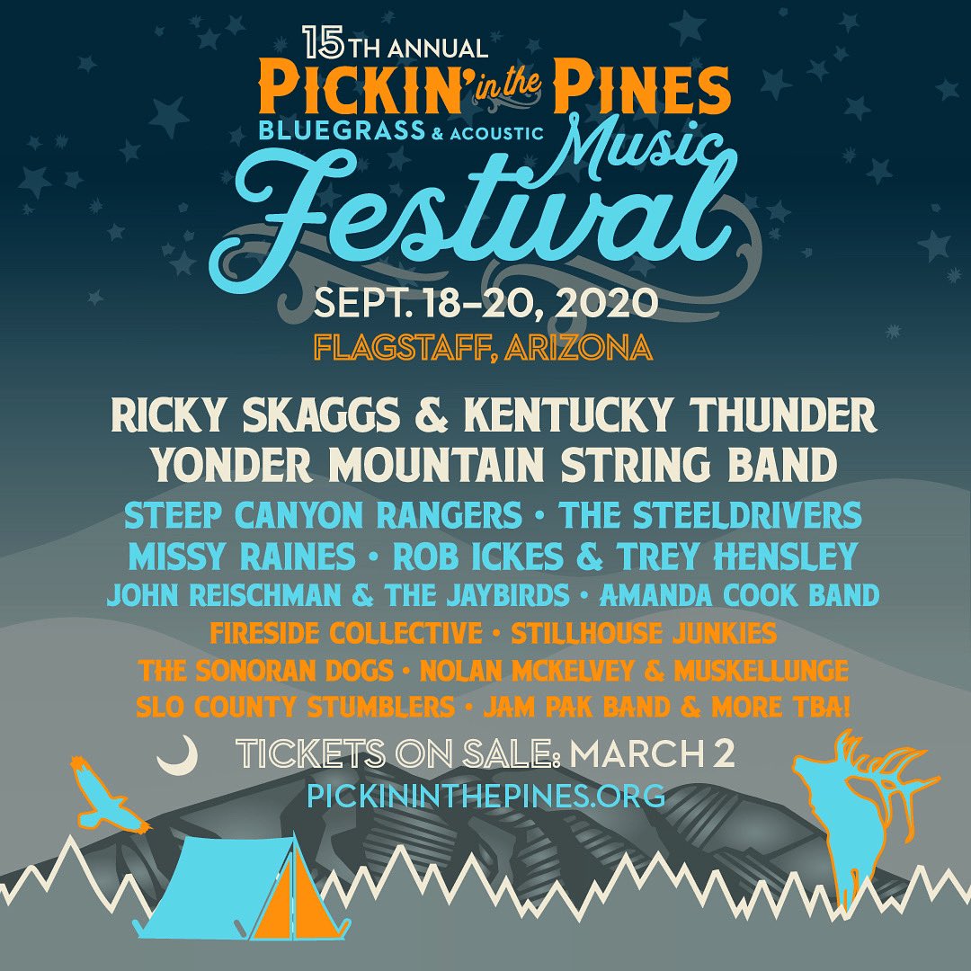 Announcing the 15th Annual Pickin' in the Pines Lineup!
Tickets on sale March 2: pickininthepines.org
Ricky Skaggs &amp; Kentucky Thunder
Yonder Mountain String Band
Steep Canyon Rangers
The SteelDrivers
Missy Raines
Rob Ickes and Trey Hensley
And Many More!!!