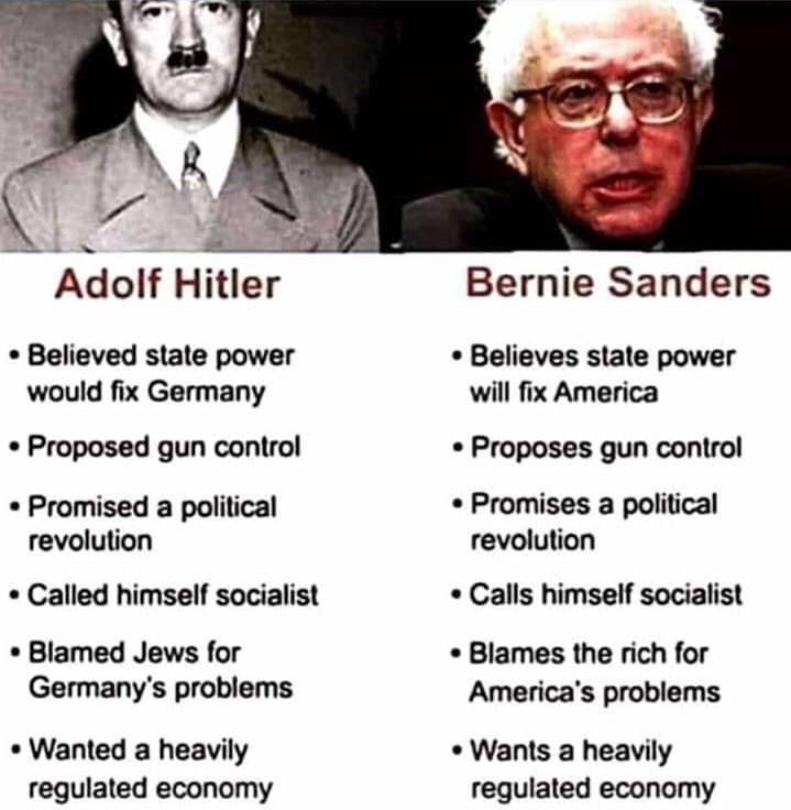 LoganYoung29's tweet photo. If your policies resemble that of Hitler’s...then you aren’t a champion of freedom. #SocialismKills #BurnedOUTBernie #HitlerRegime #BernieGulags #DemocratsAreCorrupt https://t.co/z2tKRAV5c2