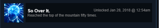 DevastatingWake's tweet photo. A little over 2 years since my 50th time getting over it.  First time playing it since. Thanks @bfod for permanently instilling in me the ability to beat this game quickly. I'm sure it has a wide range of applications. https://t.co/d1kWEH8cFJ