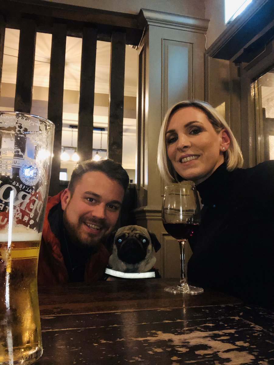 clairekleaman's tweet photo. Staying out of storm Dennis’s way with Hunny B! 🍷 🍺 🌬#puglife @The_Governors @nathaniel_t8 https://t.co/Jv8YpVGd4a