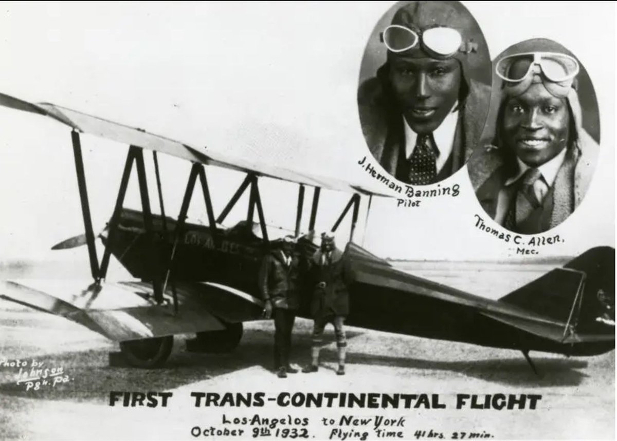 AvQueenBenet's tweet image. James Banning joined the small family of black pilots after earning his license in 1926. In 1932, he and his mechanic Thomas Allen flew a coast-to-coast, history-making flight in 41 hours and 27 minutes. #BHM #BlacksInAviation