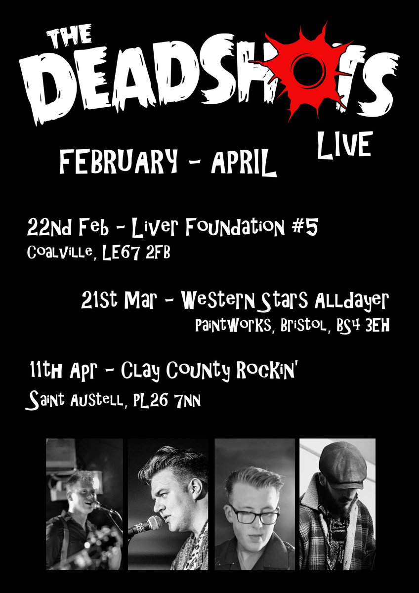 TheDeadShots's tweet photo. Where to catch us over the next few months!

#DS #DS2020 #KillertoneRecords #RockNRoll #21stCenturyRockabilly #Rockabilly #Live #Gigs #GigList #Leicester #Bristol #Cornwall #KillerRockabilly https://t.co/gMXDqI9vVG