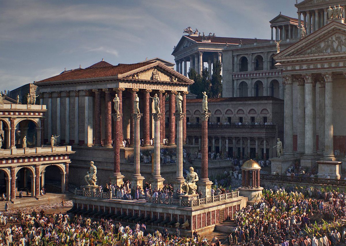 The Luperci run concluded, Mark Antony (still blood-smeared and dressed in his animal skins) runs back into the Roman Forum. He joins his fellow consul Caesar on the rostra to the cheers of the assembled crowds.. #LiveIdes(Image by David Reinhold)