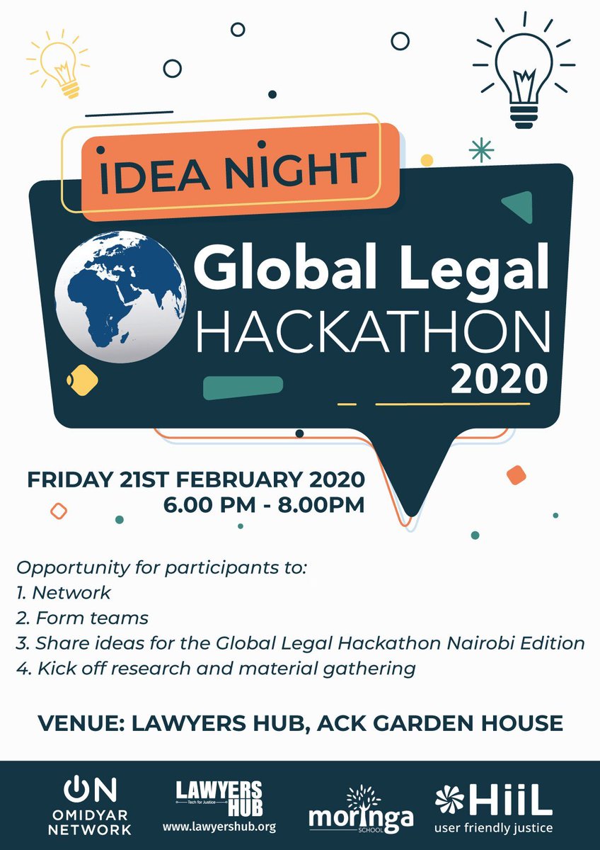 lawyershubHQ's tweet image. For the second year running, we shall be hosting the Global Legal Hackathon in Nairobi, #Kenya as part of the #AfricaLawTech Festival . Join us for an idea night next friday &amp;amp;  join our inter-country teams 6-8th of March. #Tech4policy #GLH2020 @OmidyarNetwork @lawyershubkenya
