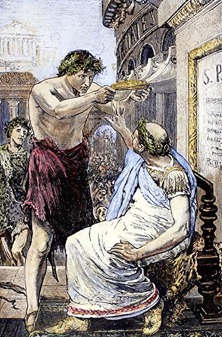 With exaggerated gestures, Caesar recoils and pushes the crown away. A few cheers ring out but most groan as they see the spectacle for what it is, a performance more suited to the theatre stage. Like a pantomime actor, Antony offers the crown a second time...  #LiveIdes