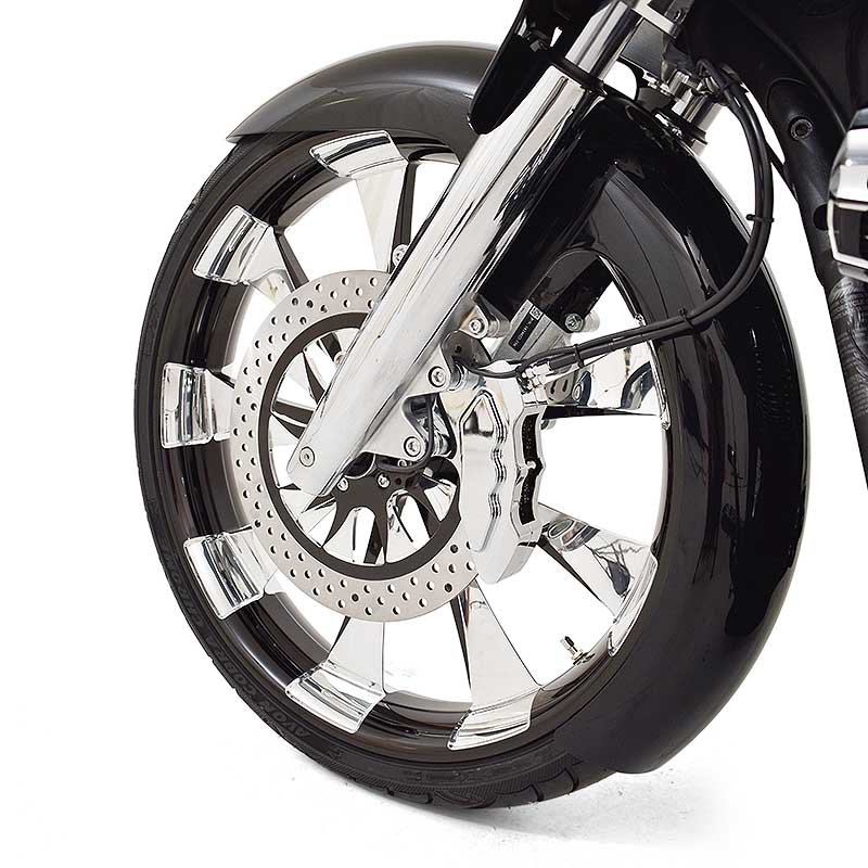 HHI launches a New 21" Fat Tire Kit for your Indian Touring Bike. We also now have a Direct Bolt-On 6 piston caliper in Chrome, Black &amp; Blaze Red for 13-inch rotors. Follow this linkhttps://www.hawghalters.com/front-fat-tire-kits/indian-fat-tire-kits/cat_253.html to see the kits.