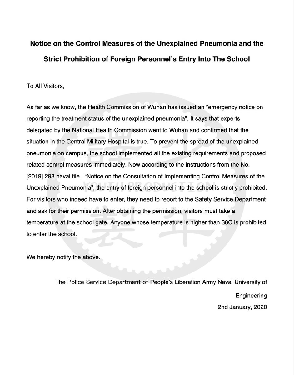 jenniferzeng97's tweet photo. Naval University of Engineering in #Wuhan, one of the five comprehensive military universities of PLA (official info: https://t.co/Z05Fx1yo4k) issued an entry control notice on Jan. 2, 18 days BEFORE the gov. admitted there was an epidemic. English translation here too. #COVID19 https://t.co/z1MbXllwHt