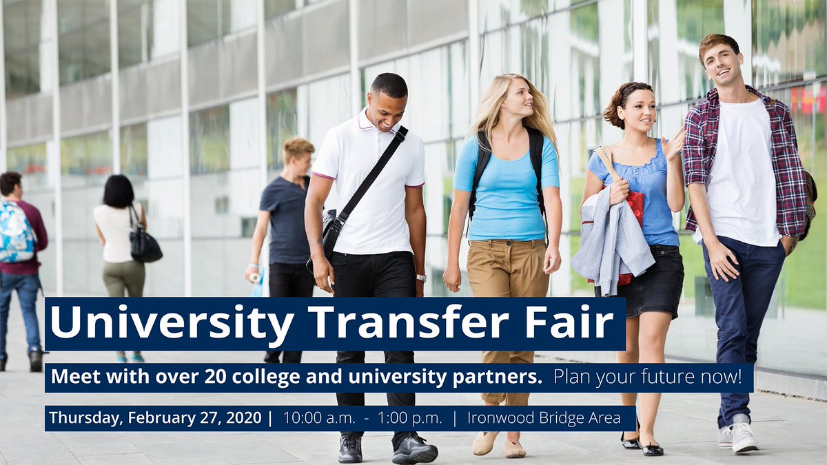 Plan your future now! Meet with over 20 college and university partners at our University Transfer Fair.

Thursday, February 27
10 a.m. - 1 p.m.
Pecos Campus, Ironwood Bridge Area