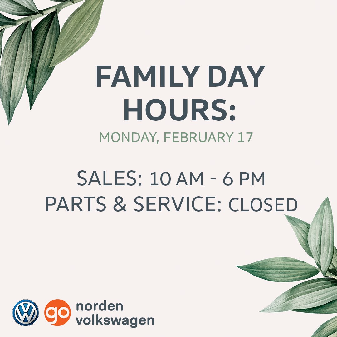 The dealership will be open from 10 am - 6 pm on Family Day. Enjoy the weekend with your loved ones! 
.
.
.

#familyday #longweekend #Norden #NordenVW #Volkswagen