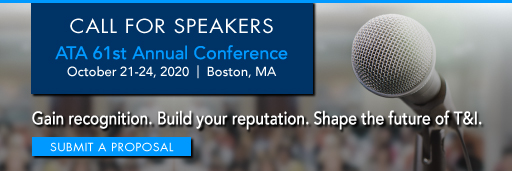 ATA_AVDivision's tweet photo. *ATA 61st Annual Conference: Be a Part of It.

The American Translators Association is accepting presentation proposals for ATA's 61st Annual Conference in Boston, Massachusetts, Oct 21-24, 2020. Proposals must be received by March 2, 2020.

Learn more: https://t.co/50pvH5oH6q https://t.co/f09Q8l7vqt