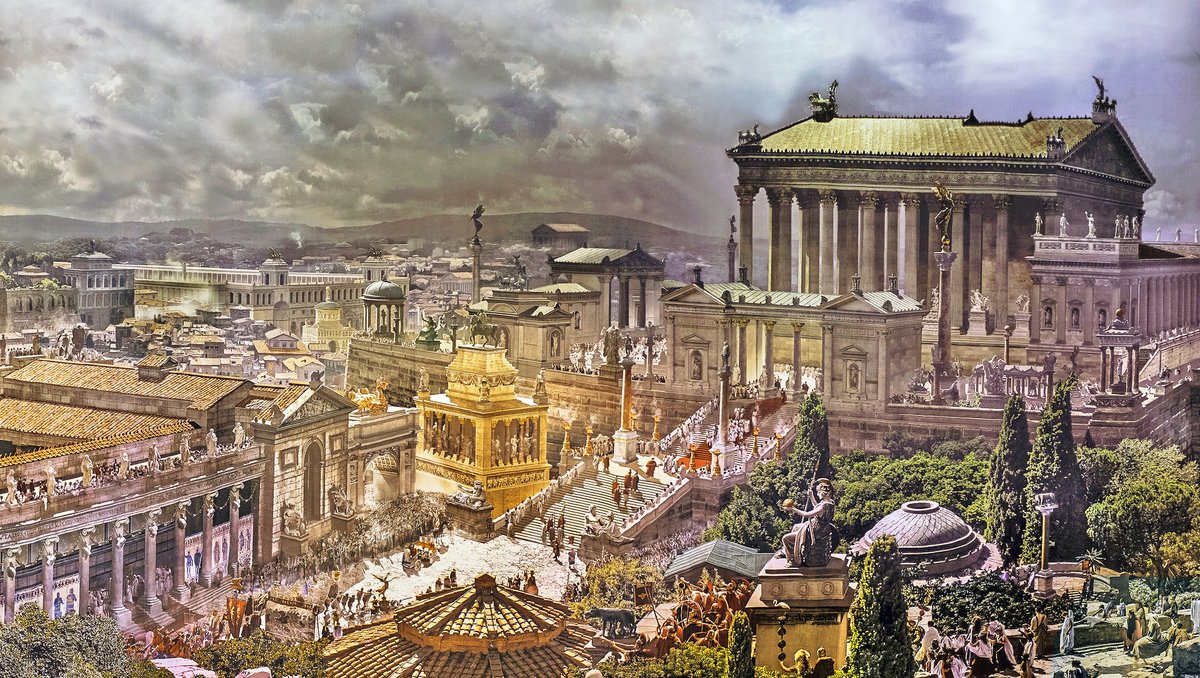 To general applause, a procession of people and magistrates take the diadem up the Clivus Capitolinus where it is placed in the temple of Jupiter Optimus Maximus. Some chant "Caesar, Caesar!", relieved that the dictator refused the crown... #LiveIdes (Image by Yadegar Asisi)