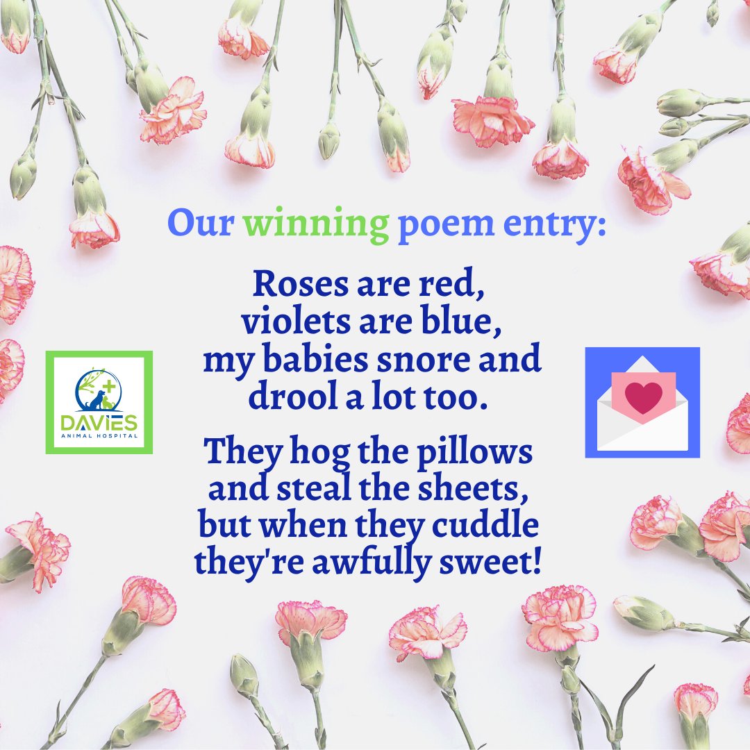 AnimalDavies's tweet image. Congratulations to Abigail on her prize-winning Valentine's Day poem!

Her pup will get a free heart-worm test and a YEAR of protection from Proheart! 

#daviesanimalhospital #proheart #heartworm #protectyourpet