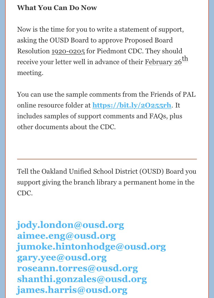 FriendsofPAL's tweet photo. Our latest edition of The HOOT is out with updates on our campaign for a permanent home. The Oakland School Board will meet on February 26th to hopefully approve a resolution which will direct the Superintendent's office to investigate pursuing a lease for the Piedmont CDC site. https://t.co/fkiTL58Xbc