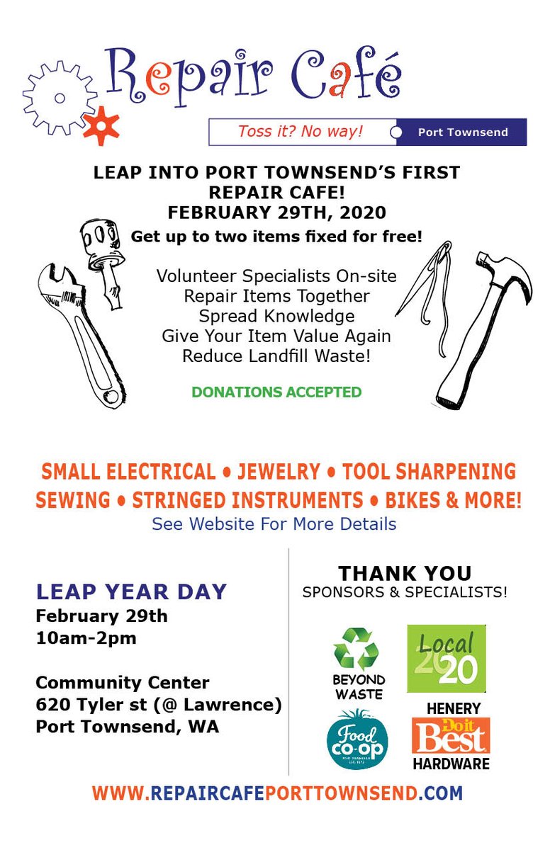 Local_2020's tweet image. Port Townsend’s first Repair Cafe is Sat Feb 29  at the Community Center on Tyler at Lawrence from 10am to 2pm. Bring two items that need fixing and our talented specialists will do their best to help. More info here. repaircafeporttownsend.com