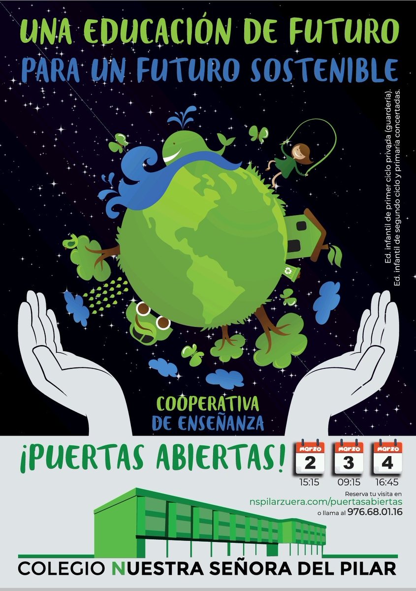 🚪🚪 Puertas Abiertas 2020  🚪🚪

📅 2, 3 y 4 de marzo

🖥️ Apúntate a través de la web:
nspilarzuera.com/puertasabiertas /

☎️ Teléfono: 976680116

Te esperamos con los 🙌 brazos abiertos🙌.