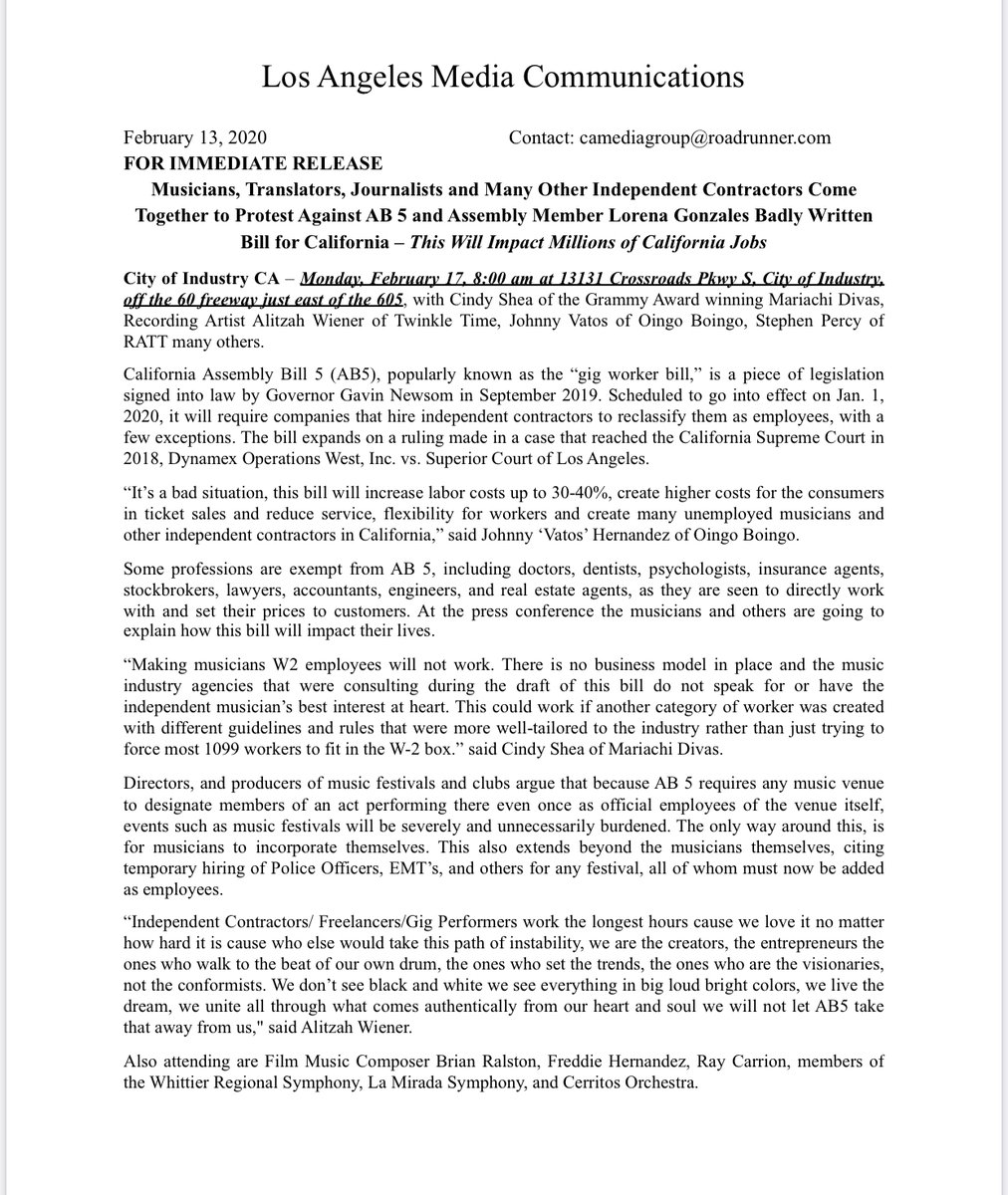 @KTLAnewsdesk @MicahKTLA @KTLAMorningNews @ktlaENT 
Mon.Feb.17th  8 am  #PressConference 
#RepealAB5  some speakers @MariachiDivas_
 2x #GrammyAwardWinner CindyShea  #johnnyvatos #Oingoboingo #RecordingArtist  #twinkletime    
#FilmComposer @brianralston #StephenPercy #RATT