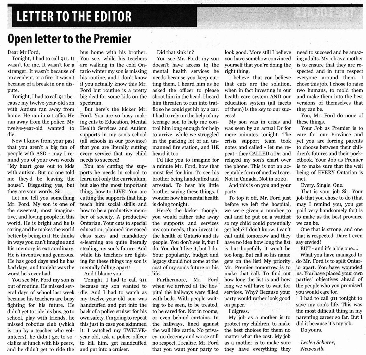 This is heartbreaking.  #Onpoli #Cutshurtkids <a href="/fordnation/">Doug Ford</a> <a href="/Sflecce/">Stephen Lecce</a> Local Parent writes powerful letter to Premier Ford - published in Wednesday's Orono Weekly Times.
_____________________
Wed, Feb 5,2020 Open Letter to Premier Ford