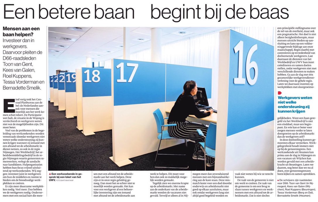 Werkgevers weten vaak onvoldoende welke ondersteuning mogelijk is. Investeer in de werkgevers om de match van werkzoekende en werkgever te verbeteren. 

Daarom dit artikel in DG van vandaag.