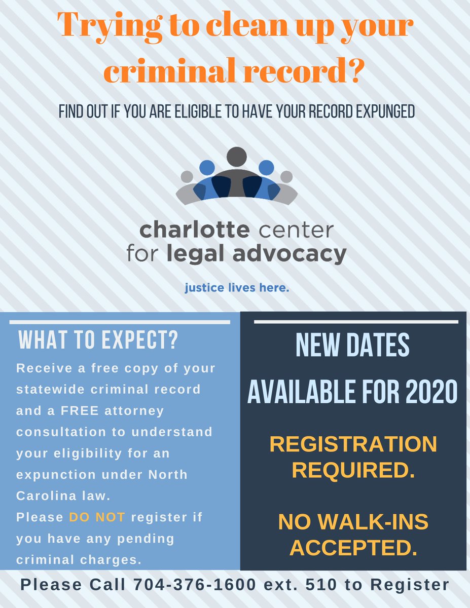 CLTLegAdvocacy's tweet image. Trying to clean up your criminal record?  Find out if you qualify to have your record expunged. @CLTLegAdvocacy  is scheduling  Mecklenburg county residents with no pending criminal charges for its next expunction clinic. Call 704-376-1600 ext 510 to register today!
