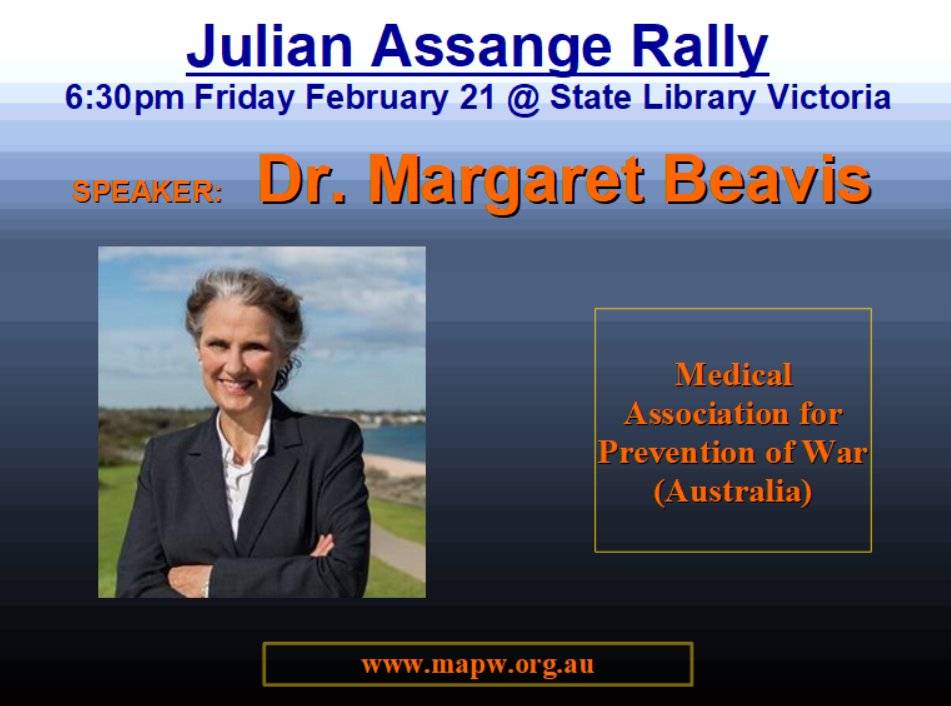 We welcome speaker Dr. Beavis @margaretbeavis one of over 60 signatories in the <a href="/Doctors4Assange/">Doctors for Assange</a> campaign demanding Julian be released into proper medical care immediately. See letter below.
#DontExtraditeAssange
#BringAssangeHome

mapw.org.au/about-mapw/
assangecampaign.org.au/doctors-for-as…